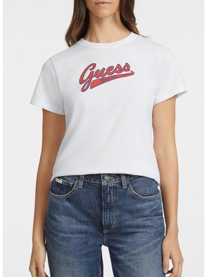 Guess Bisiklet Yaka Desenli Beyaz Kadın T-Shirt Gj Ss Cn Reg Star Te - Mıd Organıc