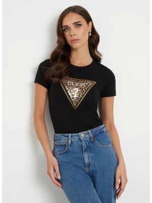 Guess Bisiklet Yaka Desenli Siyah Kadın T-Shirt Ss Cn Trıangle Leo T - Mıd Organıc