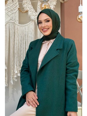 Bym Fashion Bel Kuşaklı Astarlı Kaşe Kaban 7519 Zümrüt