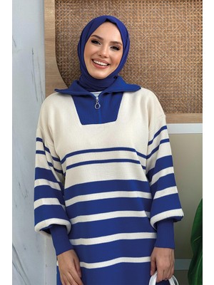 Bym Fashion Yakası Fermuarlı Çizgi Detaylı Tunik ve Pantolon Ikili Triko Takım 2-6003 Saks