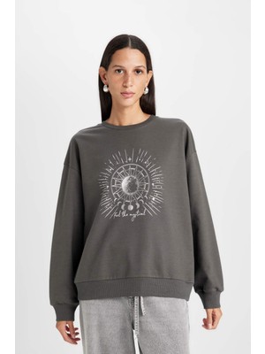 DeFacto Kadın Antrasit Relax Fit Bisiklet Yaka Baskılı İnce Sweatshirt D5925AX24AU