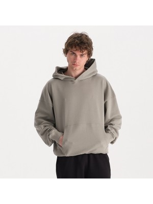 Uniu Erkek Gri %100 Organik Pamuk Kanguru Cepli Kapüşonlu Oversize Sweatshirt