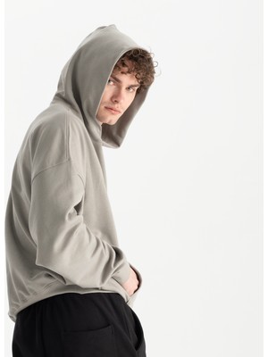 Uniu Erkek Gri %100 Organik Pamuk Kanguru Cepli Kapüşonlu Oversize Sweatshirt