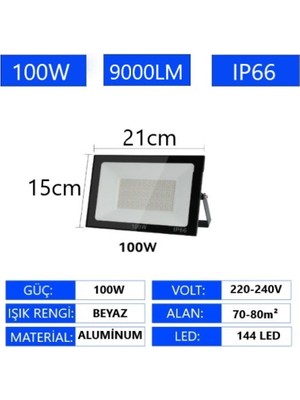 Rultech 1 Adet LED Işık Projektör 100W Beyaz Işık 6500K 9000LM Bahçe Duvar Yol Aydınlatma Dış&iç Mekan