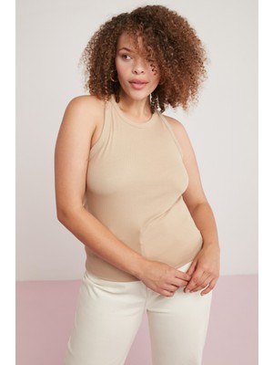 Carina Kadın Fitilli Görünümlü Halter Yaka Büyük Beden Bej Büyük Beden Body