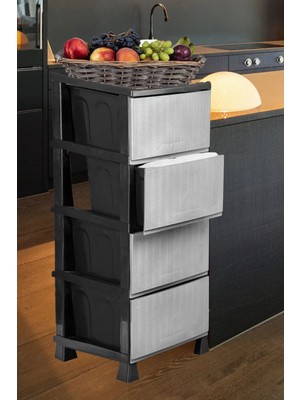 Büyük Boy Siyah 4 Çekmeceli Gri Hasır Kapaklı Plastik Komidin Sebzelik Şifonyer