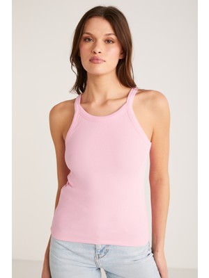 Ethiquet Emıly Kadın Regular Fit Normal Kalıp Pamuklu Kalın Askılı Oyuk Yaka Örme Pembe Atlet