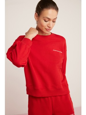 Ethiquet Sandra Kadın Içi Polarlı Yumuşacık Göğsü Baskılı Yuvarlak Yaka Comfort Fit Kırmızı Sweatshirt