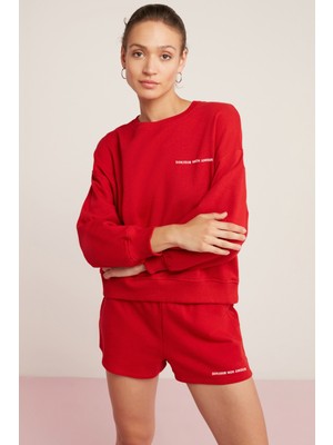 Ethiquet Sandra Kadın Içi Polarlı Yumuşacık Göğsü Baskılı Yuvarlak Yaka Comfort Fit Kırmızı Sweatshirt