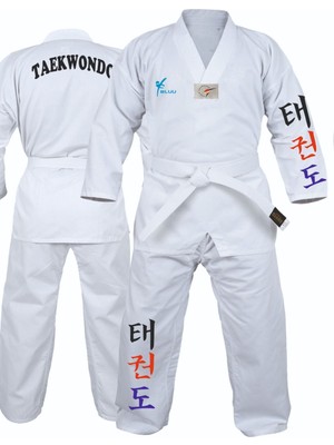 Bluu Korece Baskılı Beyaz Yaka Acemi Taekwondo Elbisesi Dobok Tekvando Elbisesi