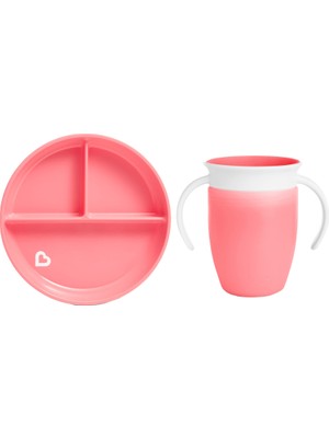 Munchkin Sabit Vakumlu Beslenme Tabağı & Mucize 360 Alıştırma Bardağı 6AY+ Pembe&pembe 2li Paket