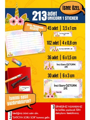 Selis Craft Okul Etiketi Unıcorn 1 Temalı Özel Isim Yazılabilen Kalem, Defter, Boya, Kitap Etiketi - 213 Adet