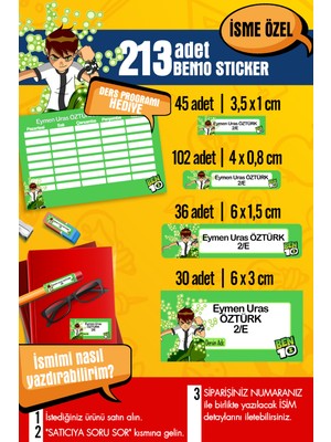 Selis Craft Okul Etiketi BEN10 Temalı Özel Isim Yazılabilen Kalem, Defter, Boya, Kitap Etiketi - 213 Adet