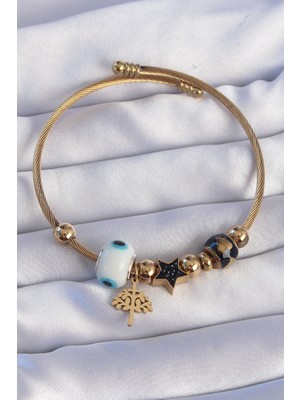 Tua Moda 316L Çelik Gold Renk Siyah Zirkon Taşlı Yıldız Tasarımlı Ağaç Detay Nazarlı Charm Bileklik