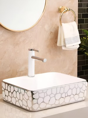 Fleko Banyo Lavabosu Tezgah Üstü Çanak Banyo Lavabosu Doğal Taş Gümüş Desenli 48X37X14 Ölçülerinde