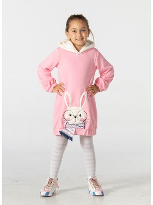Casabony Bunny Soft Pembe Kapüşonlu Kız Çocuk Elbise Uzun Kol Günlük Kullanım İçin Özel Balon Kesim