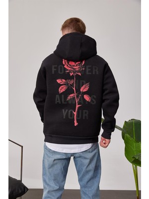 Nomarc Gül Baskılı Siyah Kapüşonlu Sweatshirt