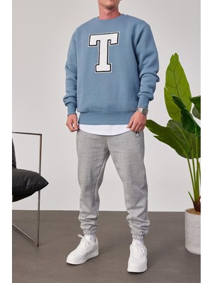 Nomarc T Harf Baskılı Mavi Sweatshirt