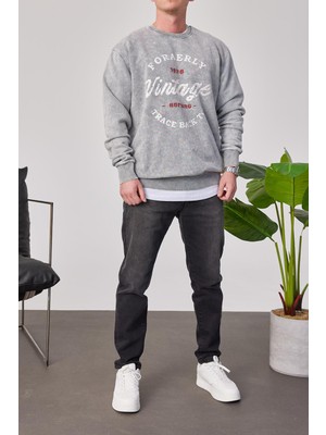 Nomarc Vintage Beyaz Yazılı Yıkamalı Gri Sweatshirt