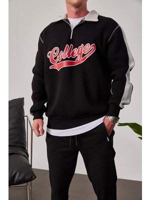 Nomarc College Yakası Fermuarlı Siyah Sweatshirt