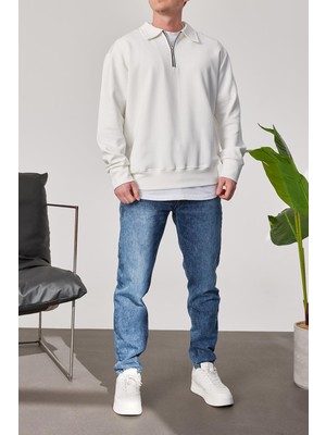 Nomarc Yakası Fermuarlı Basic Beyaz Sweatshirt