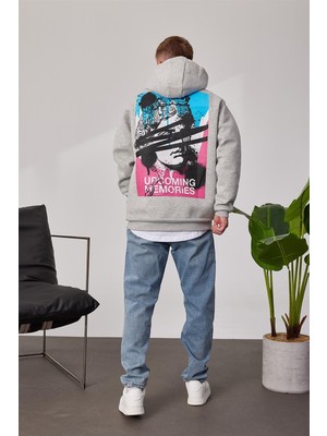 Nomarc Renkli Heykel Baskılı Gri Kapüşonlu Sweatshirt