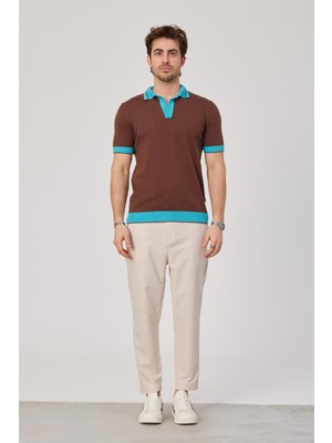 Nomarc Yakası Çizgili Triko Kumaş Mavi Kahverengi Tshirt