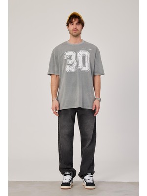 Nomarc 30 Rakam Baskılı Yıkamalı Gri Tshirt