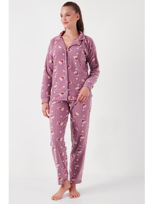 Lela Standart Fit Düğmeli Polarlı Pijama Takımı Bayan Pijama Takımı 6095615