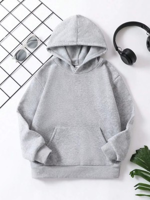 Koflandy Çocuk  Kapüşonlu Düz Renk Pamuklu Sweatshirt - Gri