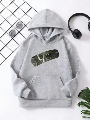 Koflandy Çocuk  Kapüşonlu Uzaylı Baskılı Pamuklu Sweatshirt - Gri