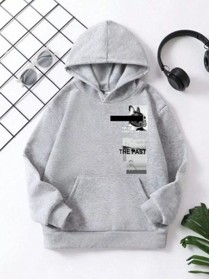 Koflandy Çocuk  Kapüşonlu New Moment Baskılı Pamuklu Sweatshirt - Gri