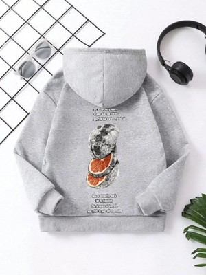 Koflandy Çocuk  Kapüşonlu Ön ve Arka Moon Special Baskılı Sweatshirt - Gri