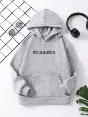 Koflandy Çocuk  Kapüşonlu Ön ve Arka Blessed Baskılı Pamuklu Sweatshirt - Gri