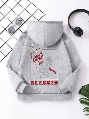 Koflandy Çocuk  Kapüşonlu Ön ve Arka Blessed Baskılı Pamuklu Sweatshirt - Gri