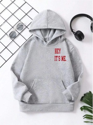 Koflandy Çocuk  Kapüşonlu Hey It's Me Baskılı Pamuklu Sweatshirt - Gri