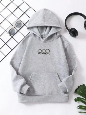 Koflandy Çocuk  Kapüşonlu Mini Kafa Baskılı Pamuklu Sweatshirt - Gri