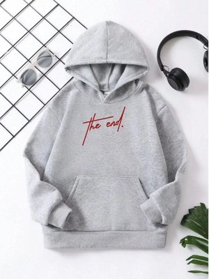 Koflandy Çocuk  Kapüşonlu The End Baskılı Pamuklu Sweatshirt - Gri