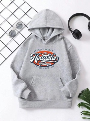 Koflandy Çocuk  Kapüşonlu Vintages Baskılı Pamuklu Sweatshirt - Gri