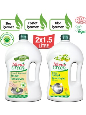 2'li Set Mom's Green 1500 ml Aloeveralı ve Limonlu Organik Elde Bulaşık Temizleyici 2x1500 ml