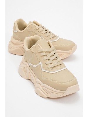 Ccway Kadın Bağcıklı Spor Ayakkabı Bej Beyaz