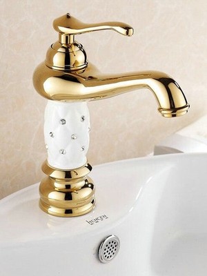 Fleko Lavabo Bataryası Antik Gold Beyaz Kabartma Desenli 20 cm Yükseklik Banyo Lavabo Bataryası