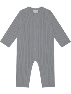Antebies Gri Balıksırtı Tahta Düğmeli Triko Uzun Kollu Kız Erkek Bebek Patiksiz Tulum