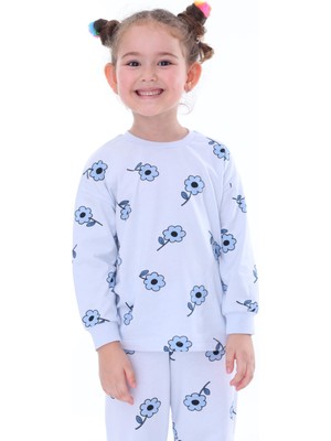 3-8 Yaş Çiçek Desenli Uzun Kollu Penye Kumaş Kız Çocuk Pijama Takımı