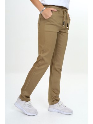 Kız/erkek Çocuk Unisex Pamuklu Gabardin Beli Lastikli Bej Okul PANTOLONU-PNT-0023