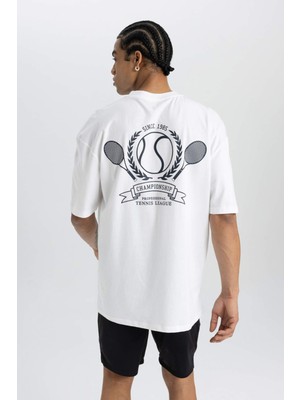 DeFactoFit Oversize Geniş Kalıp Bisiklet Yaka Sırt Baskılı Kısa Kollu Tişört