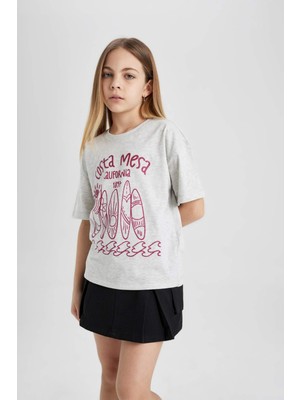 DeFacto Kız Çocuk Relax Fit Bisiklet Yaka Baskılı Kısa Kollu Tişört