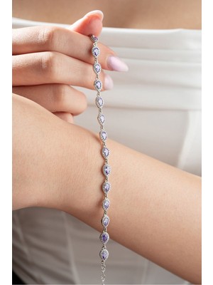 Nereze 925 Ayar Gümüş Rodyumlu Sıralı Mor Damla Zirkon Taşlı Bileklik