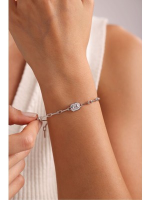 Nereze 925 Ayar Gümüş Rodyum Kaplama Ataç Model Zincirli Baget Tektaş Model Bileklik