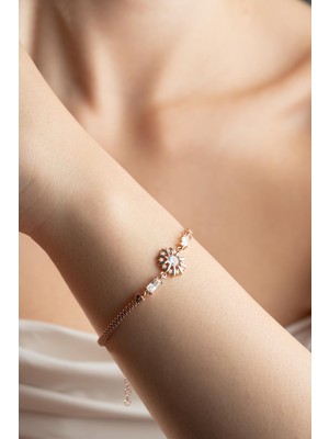 Nereze 925 Ayar Gümüş Rose Kaplama Balık Sırtı Model Işıltılı Tektaş Güneş Bileklik